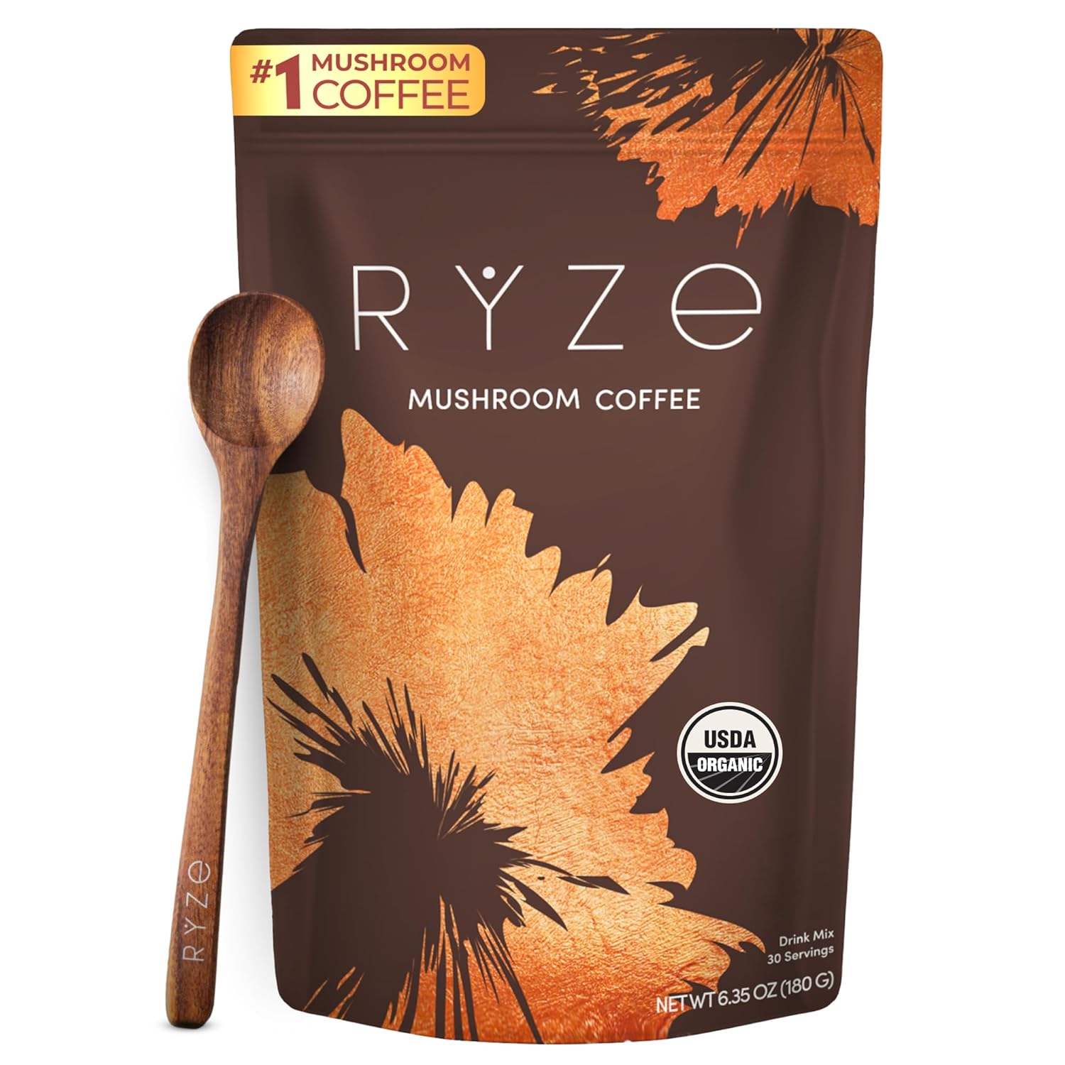 RYZE SUPERFOODS Mushroom Coffee USDA Organic with 6 Adaptogenic Mushrooms and MCT Oil
